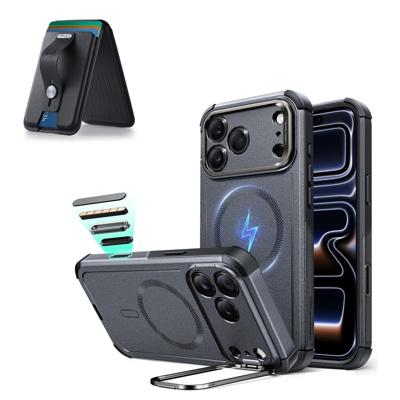 iPhone 17 Pro Cyber Tough Magnetic Case (Camera Control, Stash Stand) with Wallet Stand Bundle - Space Gray