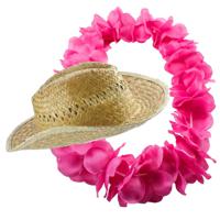 Carnaval verkleed set - Tropische Hawaii party - stro beach hoed - met volle bloemenslinger roze - thumbnail