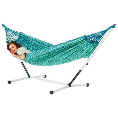 Eenpersoons hangmat met metalen standaard - 300x140cm - Groen - 120kg draagkracht- 100% katoen - binnen & buiten