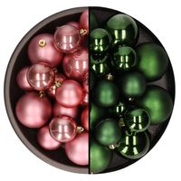 Kerstversiering kunststof kerstballen mix oud roze/donkergroen 6-8-10 cm pakket van 44x stuks - Kerstbal - thumbnail