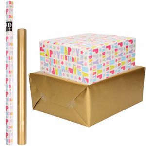 6x Rollen kraft inpakpapier happy birthday pakket - goud 200 x 70/50 cm