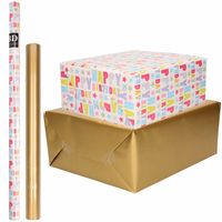 6x Rollen kraft inpakpapier happy birthday pakket - goud 200 x 70/50 cm - thumbnail