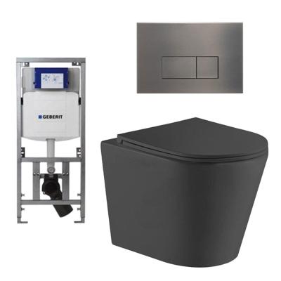 QeramiQ Dely Toiletset - 36.3x51.7cm - diepspoel - rimless - Geberit UP320 inbouwreservoir - met Burda frame - softclose toiletzitting - gunmetal bedieningsplaat - rechtehoekige knoppen - zwart mat SW1026253/0701131/SW706199/SW1000768