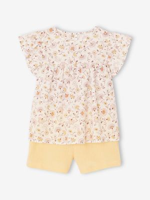 Set blouse met bloemen en short van katoengaas voor meisjes pastelgeel