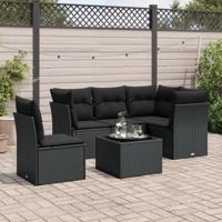 6-delige Loungeset met kussens poly rattan zwart
