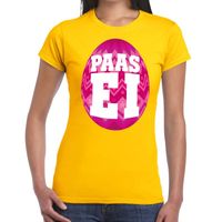 Paasei t-shirt geel met roze ei voor dames - thumbnail