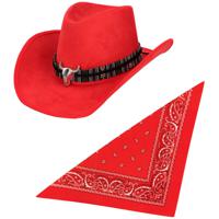 Carnaval verkleedset luxe model cowboyhoed Rodeo - rood - en rode hals zakdoek - voor volwassen