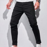 Bon&Bon Men's Ripped Skinny Jeans | Dark Wash Slim Fit Denim Black / L