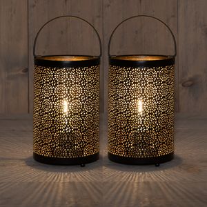 Led sfeer lantaarns/lampen - 2x st - zwart met goud - rond - B12 x H19 cm