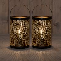 Led sfeer lantaarns/lampen - 2x st - zwart met goud - rond - B12 x H19 cm