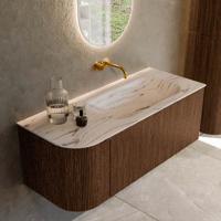 Badmeubel Mondiaz Kurve-Dlux | 115 cm | Meubelkleur Walnut | Wastafelkleur Nata | Solid surface | Wasbak rechter zijde spoelbak | Zonder kraangat(en)