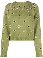 Kenzo pull en laine à fleurs brodées - Vert - thumbnail