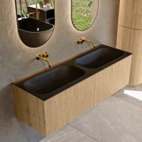 Mondiaz KURVE 140 cm Onderkast Greeploos 2 Lades Zonder Deuren Oak, Wastafel Solid Surface Dubbel Urban 0 Kraangaten Zonder Spiegel (KRVBGS1402L0D0KD-Oak/Urb)