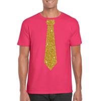 Roze fun verkleedkleding t-shirt - met stropdas - in glitter goud - heren - korte mouwen