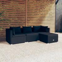 4-delige Loungeset met kussens poly rattan zwart