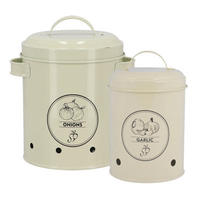 Secrets du Potager Uien/knoflook bewaar blikken - metaal - creme - set van 2 - voorraad/bewaar pot
