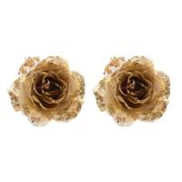 Decoratie roos - 4x stuks - op clip - goud - 14 cm - kunststof - kerstbloemen - kerstboomversiering