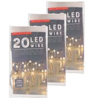 3x draadverlichting - zilver- 20 led - warm wit - 220 cm - kleine batterij houder