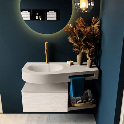 MONDIAZ RIVA 100cm badmeubel onderkast / planchet kleur Underlayment met 1 lade. Wastafel DULCET links 1 kraangat kleur Linen.