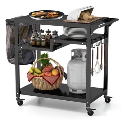 Trolley voor Buitenbarbecue Dubbele Mobiele Keukenwagen met 3 Planken 4 Vergrendelbare Wielen Haken Handgreep aan Zijkant