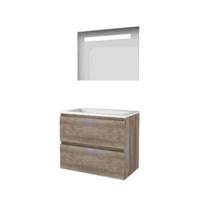 Basic-Line Economic 46 Badkamermeubelset - 80 x 46 cm - Greeploos - 2 Lades - Acryl Wastafel - 1 Kraangat - Spiegel met LED Verlichting - Scotch Oak