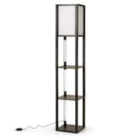 Vloerlamp met Planken & Voetschakelaar & 3-Traps Instelbare LED-Strip Houten Boekenlamp