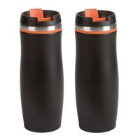 Set van 2x stuks rVS Warmhoudbeker/isoleerbeker zwart met oranje 400 ml - thumbnail