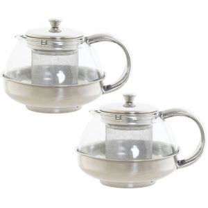 Set van 2x stuks theepotten van glas en RVS 600 ml met filter/infuser en handvat