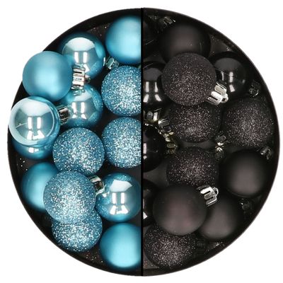 Kleine kerstballen - 28x st - zwart en ijsblauw - 3 cm - kunststof