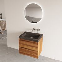 Fontana Freestone badkamermeubel walnoot 60cm met natuurstenen wastafel zonder kraangat en ronde spiegel