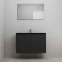 On-Line Badkamermeubelset - 100 cm - Voorgemonteerd - Greeploze Ladestructuur - Acryl Wastafel - 1 Kraangat - Spiegel - Mat Zwart