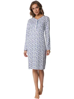 Dames nachthemd lange mouw - knoopsluiting - Blauw - Maat 54