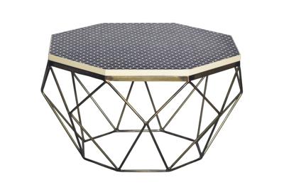 Salontafel DIAMOND BONE INLAY 70cm rek ijzer messing buffelbotten tafelblad zwart wit - 45215