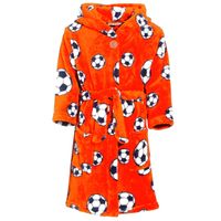Badjas/ochtendjas oranje fleece voetbal print voor kinderen. 110/116 (5-6 jr) - Badjassen - thumbnail