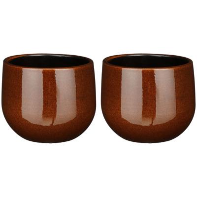 Plantenpot/bloempot - 2x - terra bruin - D16/H14 cm - keramiek - speels licht gevlekt patroon