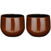 Plantenpot/bloempot - 2x - terra bruin - D16/H14 cm - keramiek - speels licht gevlekt patroon