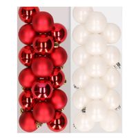 32x stuks kunststof kerstballen mix van rood en wit 4 cm   -