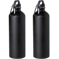 2x Stuks aluminium waterfles/drinkfles zwart met schroefdop en karabijnhaak 800 ml - Drinkflessen - thumbnail