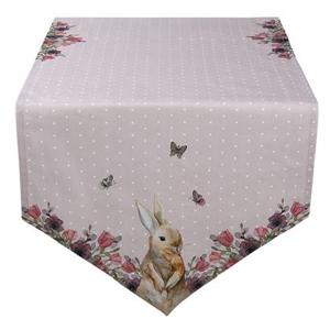 Clayre & Eef Tafelloper 50x160 cm Beige Roze Katoen Konijn Bloemen