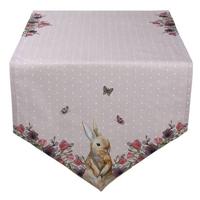 Clayre & Eef Tafelloper 50x160 cm Beige Roze Katoen Konijn Bloemen