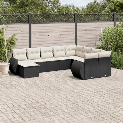 10-delige Loungeset met kussens poly rattan zwart