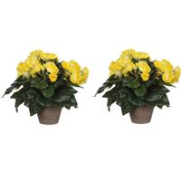 2x stuks gele Begonia kunstplant 30 cm in grijze pot - Kunstplanten - thumbnail