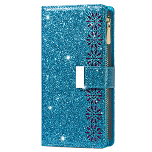 iPhone 15 Plus hoesje - Bookcase - Koord - Pasjeshouder - Portemonnee - Glitter - Bloemenpatroon - Kunstleer - Blauw