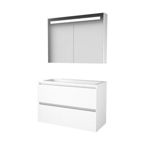 Basic-Line Premium 46 badkamermeubelset - 100x46cm - greeploos - 2 lades - acryl wastafel - 2 kraangaten - Spiegelkast - geintegreerde LED verlichting - MDF lak Ice White 1810501