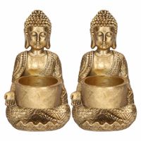 2x Zittende Boeddha waxinelichthouder goud 14 cm - thumbnail