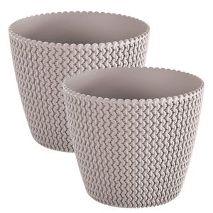 Set van 2x stuks plantenpotten/bloempotten kunststof dia 13 cm en hoogte 11 cm beige/taupe - Plantenpotten