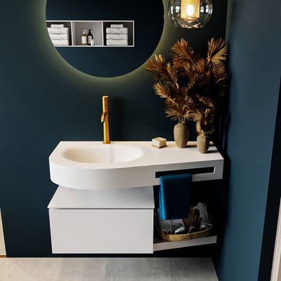 MONDIAZ RIVA 100cm badmeubel onderkast / planchet kleur Talc met 1 lade. Wastafel DULCET links 1 kraangat kleur Talc. MONDIAZ RIVA 100cm badmeubel onderkast / planchet kleur Talc met 1 lade. Wastafel DULCET links 1 kraangat kleur Talc.