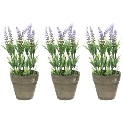 Bellatio Lavendel kunstplant - 4x stuks - lila - 25 cm - in betonlook potje - Kunstplanten - nepplan
