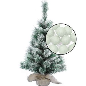 Kleine kunst kerstboom - besneeuwd - incl. lichtsnoer met balletjes lichtgroen- H60 cm