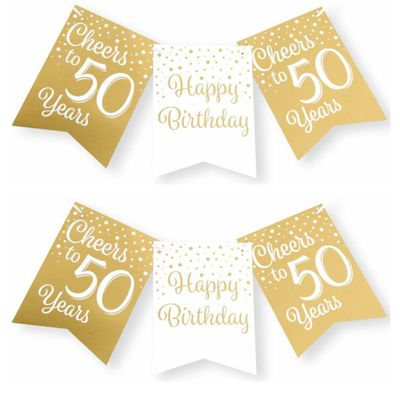 Verjaardag vlaggenlijn 50 jaar - 2x - binnen - karton - wit/goud - 600 cm Verjaardag vlaggenlijn 50 jaar - 2x - binnen - karton - wit/goud - 600 cm